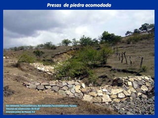 Presas  de piedra acomodadaSan Sebastián Tecomaxtlahuaca, San Sebastián,Tecomaxtlahuaca, OaxacaVolumen de construcción: 32.10 m3Inversión (miles de Pesos): 9.4