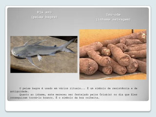 Ejá aro
                                                           Isu-ode
             (peixe bagre)
                                                      (inhame selvagem)




      O peixe bagre é usado em vários rituais... É um símbolo de resistência e de
antiguidade.
      Quanto ao inhame, este mereceu ser festejado pelos Òrísà(s) no dia que Eles
conseguiram torná-lo branco. É o símbolo da boa colheita.
 