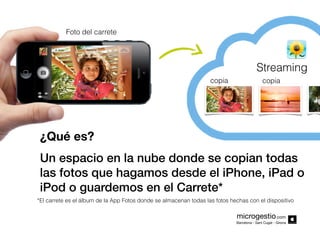 Foto del carrete

Streaming
copia

copia

¿Qué es?
Un espacio en la nube donde se copian todas
las fotos que hagamos desde el iPhone, iPad o
iPod o guardemos en el Carrete*
*El carrete es el álbum de la App Fotos donde se almacenan todas las fotos hechas con el dispositivo

microgestio.com
Barcelona - Sant Cugat - Girona

 