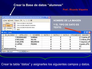 Crear la Base de datos “alumnos”
                                             Prof.: Ricardo Viqueira



                                      NOMBRE DE LA IMAGEN
                                      Y EL TIPO DE DATO ES
                                      TEXTO.




Crear la tabla “datos” y asignarles los siguientes campos y datos.
 