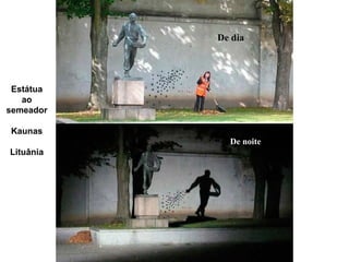 Estátua ao semeador Kaunas Lituânia De dia De noite 