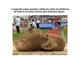 o segundo exato quando o atleta de salto em distância se enterra na areia e forma esta estranha figura… 