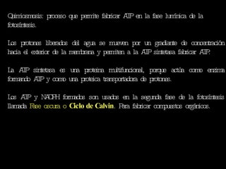 Quimiosmosis: proceso que permite fabricar ATP en la fase lumínica de la fotosíntesis. Los protones liberados del agua se mueven por un gradiante de concentración hacia el exterior de la membrana y permiten a la ATP sintetasa fabricar ATP. La ATP sintetasa es una proteina multifuncional, porque actúa como enzima formando ATP y como una proteica transportadora de protones. Los ATP y NADPH formados son usados en la segunda fase de la fotosíntesis llamada  Fase oscura o  Ciclo de Calvin . Para fabricar compuestos orgánicos. 