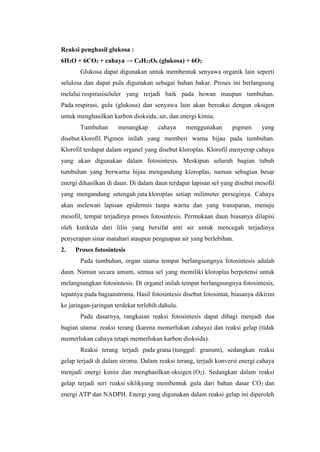 Reaksi penghasil glukosa :
6H2O + 6CO2 + cahaya → C6H12O6 (glukosa) + 6O2
Glukosa dapat digunakan untuk membentuk senyawa organik lain seperti
selulosa dan dapat pula digunakan sebagai bahan bakar. Proses ini berlangsung
melalui respirasiseluler yang terjadi baik pada hewan maupun tumbuhan.
Pada respirasi, gula (glukosa) dan senyawa lain akan bereaksi dengan oksigen
untuk menghasilkan karbon dioksida, air, dan energi kimia.
Tumbuhan menangkap cahaya menggunakan pigmen yang
disebut klorofil. Pigmen inilah yang memberi warna hijau pada tumbuhan.
Klorofil terdapat dalam organel yang disebut kloroplas. Klorofil menyerap cahaya
yang akan digunakan dalam fotosintesis. Meskipun seluruh bagian tubuh
tumbuhan yang berwarna hijau mengandung kloroplas, namun sebagian besar
energi dihasilkan di daun. Di dalam daun terdapat lapisan sel yang disebut mesofil
yang mengandung setengah juta kloroplas setiap milimeter perseginya. Cahaya
akan melewati lapisan epidermis tanpa warna dan yang transparan, menuju
mesofil, tempat terjadinya proses fotosintesis. Permukaan daun biasanya dilapisi
oleh kutikula dari lilin yang bersifat anti air untuk mencegah terjadinya
penyerapan sinar matahari ataupun penguapan air yang berlebihan.
2. Proses fotosintesis
Pada tumbuhan, organ utama tempat berlangsungnya fotosintesis adalah
daun. Namun secara umum, semua sel yang memiliki kloroplas berpotensi untuk
melangsungkan fotosintesis. Di organel inilah tempat berlangsungnya fotosintesis,
tepatnya pada bagianstroma. Hasil fotosintesis disebut fotosintat, biasanya dikirim
ke jaringan-jaringan terdekat terlebih dahulu.
Pada dasarnya, rangkaian reaksi fotosintesis dapat dibagi menjadi dua
bagian utama: reaksi terang (karena memerlukan cahaya) dan reaksi gelap (tidak
memerlukan cahaya tetapi memerlukan karbon dioksida).
Reaksi terang terjadi pada grana (tunggal: granum), sedangkan reaksi
gelap terjadi di dalam stroma. Dalam reaksi terang, terjadi konversi energi cahaya
menjadi energi kimia dan menghasilkan oksigen (O2). Sedangkan dalam reaksi
gelap terjadi seri reaksi siklikyang membentuk gula dari bahan dasar CO2 dan
energi ATP dan NADPH. Energi yang digunakan dalam reaksi gelap ini diperoleh
 