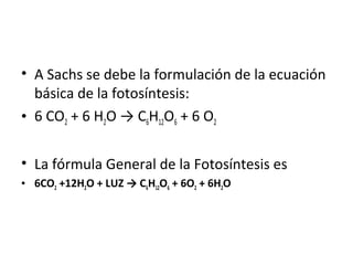 • A Sachs se debe la formulación de la ecuación
básica de la fotosíntesis:
• 6 CO2 + 6 H2O → C6H12O6 + 6 O2
• La fórmula General de la Fotosíntesis es
• 6CO2 +12H2O + LUZ → C6H12O6 + 6O2 + 6H2O
 