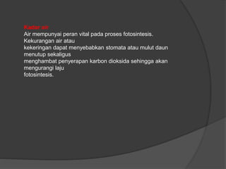 Kadar air 
Air mempunyai peran vital pada proses fotosintesis. 
Kekurangan air atau 
kekeringan dapat menyebabkan stomata atau mulut daun 
menutup sekaligus 
menghambat penyerapan karbon dioksida sehingga akan 
mengurangi laju 
fotosintesis. 
