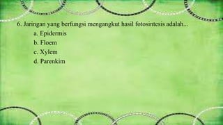 6. Jaringan yang berfungsi mengangkut hasil fotosintesis adalah... 
a. Epidermis 
b. Floem 
c. Xylem 
d. Parenkim 
 
