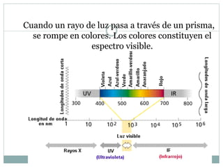 Cuando un rayo de luz pasa a través de un prisma,
se rompe en colores. Los colores constituyen el
espectro visible.
 