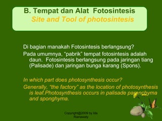 Di bagian manakah Fotosintesis berlangsung?
Pada umumnya, “pabrik” tempat fotosintesis adalah
daun. Fotosintesis berlangsung pada jaringan tiang
(Palisade) dan jaringan bunga karang (Spons).
In which part does photosynthesis occur?
Generally, “the factory” as the location of photosynthesis
is leaf.Photosynthesis occurs in palisade parenchyma
and sponghyma.
B. Tempat dan Alat Fotosintesis
Site and Tool of photosintesis
Copyright@2009 by Ida
Rianawaty
 