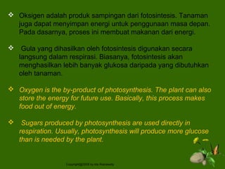  Oksigen adalah produk sampingan dari fotosintesis. Tanaman
juga dapat menyimpan energi untuk penggunaan masa depan.
Pada dasarnya, proses ini membuat makanan dari energi.
 Gula yang dihasilkan oleh fotosintesis digunakan secara
langsung dalam respirasi. Biasanya, fotosintesis akan
menghasilkan lebih banyak glukosa daripada yang dibutuhkan
oleh tanaman.
 Oxygen is the by-product of photosynthesis. The plant can also
store the energy for future use. Basically, this process makes
food out of energy.
 Sugars produced by photosynthesis are used directly in
respiration. Usually, photosynthesis will produce more glucose
than is needed by the plant.
Copyright@2009 by Ida Rianawaty
 