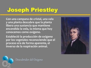 Joseph Priestley
Con una campana de cristal, una vela
y una planta descubre que la planta
libera una sustancia que mantiene
encendida la vela, la misma que hoy
conocemos como oxígeno.
Estableció la producción de oxigeno
por los vegetales reconociendo que el
proceso era de forma aparente, el
inverso de la respiración animal.
Descubridor del Oxigeno
 