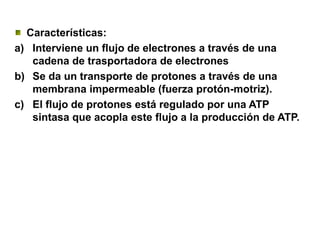 Características:
a) Interviene un flujo de electrones a través de una
cadena de trasportadora de electrones
b) Se da un transporte de protones a través de una
membrana impermeable (fuerza protón-motriz).
c) El flujo de protones está regulado por una ATP
sintasa que acopla este flujo a la producción de ATP.
 