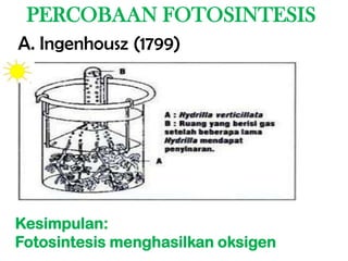 PERCOBAAN FOTOSINTESIS
A. Ingenhousz (1799)




Kesimpulan:
Fotosintesis menghasilkan oksigen
 