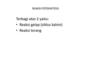 REAKSI FOTOSINTESIS
Terbagi atas 2 yaitu:
• Reaksi gelap (siklus kalvin)
• Reaksi terang
 