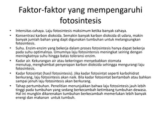 Faktor-faktor yang mempengaruhi
fotosintesis
• Intensitas cahaya. Laju fotosintesis maksimum ketika banyak cahaya.
• Konsentrasi karbon dioksida. Semakin banyak karbon dioksida di udara, makin
banyak jumlah bahan yang dapt digunakan tumbuhan untuk melangsungkan
fotosintesis.
• Suhu. Enzim-enzim yang bekerja dalam proses fotosintesis hanya dapat bekerja
pada suhu optimalnya. Umumnya laju fotosintensis meningkat seiring dengan
meningkatnya suhu hingga batas toleransi enzim.
• Kadar air. Kekurangan air atau kekeringan menyebabkan stomata
menutup, menghambat penyerapan karbon dioksida sehingga mengurangi laju
fotosintesis.
• Kadar fotosintat (hasil fotosintesis). Jika kadar fotosintat seperti karbohidrat
berkurang, laju fotosintesis akan naik. Bila kadar fotosintat bertambah atau bahkan
sampai jenuh laju fotosintesis akan berkurang.
• Tahap pertumbuhan. Penelitian menunjukkan bahwa laju fotosintesis jauh lebih
tinggi pada tumbuhan yang sedang berkecambah ketimbang tumbuhan dewasa.
Hal ini mungkin dikarenakan tumbuhan berkecambah memerlukan lebih banyak
energi dan makanan untuk tumbuh.
 