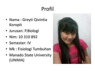 Profil
• Nama : Greyti Qivintia
Koropit
• Jurusan: P.Biologi
• Nim: 10 310 892
• Semester: IV
• Mk : Fisiologi Tumbuhan
• Manado State University
(UNIMA)
 