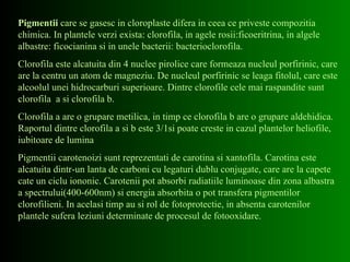 Pigmentii  care se gasesc in cloroplaste difera in ceea ce priveste compozitia chimica. In plantele verzi exista: clorofila, in agele rosii:ficoeritrina, in algele albastre: ficocianina si in unele bacterii: bacterioclorofila. Clorofila este alcatuita din 4 nuclee pirolice care formeaza nucleul porfirinic, care are la centru un atom de magneziu. De nucleul porfirinic se leaga fitolul, care este alcoolul unei hidrocarburi superioare. Dintre clorofile cele mai raspandite sunt clorofila  a si clorofila b. Clorofila a are o grupare metilica, in timp ce clorofila b are o grupare aldehidica. Raportul dintre clorofila a si b este 3/1si poate creste in cazul plantelor heliofile, iubitoare de lumina Pigmentii carotenoizi sunt reprezentati de carotina si xantofila. Carotina este alcatuita dintr-un lanta de carboni cu legaturi dublu conjugate, care are la capete cate un ciclu iononic. Carotenii pot absorbi radiatiile luminoase din zona albastra a spectrului(400-600nm) si energia absorbita o pot transfera pigmentilor clorofilieni. In acelasi timp au si rol de fotoprotectie, in absenta carotenilor plantele sufera leziuni determinate de procesul de fotooxidare. 