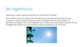 Jan Ingenhousz 
Ingenhousz siguió experimentando con la teoría de Priestley. 
Tras confirmar que las plantas son la parte de la naturaleza que purifica el aire, 
prosiguió a concluir que las plantas quitan el flogisto del aire, por lo tanto, al 
generarse el flogisto con la actividad de los animales éste sólo se generaba de día con 
la llegada del Sol por lo cual las plantas sólo purificaban el aire en el día. 
 