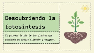 Descubriendo la
fotosíntesis
El proceso detrás de las plantas que
producen su propio alimento y oxígeno.
 