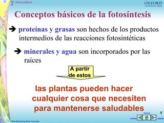 Conceptos básicos de la fotosíntesis
 proteínas y grasas son hechos de los productos
  intermedios de las reacciones fotosintéticas
  minerales y agua son incorporados por las
   raíces
                   A partir
                   de estos

        las plantas pueden hacer
       cualquier cosa que necesiten
       para mantenerse saludables              Home     8
                                      volver          adelan
 