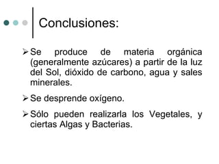 Conclusiones: Se produce de materia orgánica (generalmente azúcares) a partir de la luz del Sol, dióxido de carbono, agua y sales minerales. Se desprende oxígeno. Sólo pueden realizarla los Vegetales, y ciertas Algas y Bacterias. 