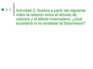 Actividad 2: Analice a partir del siguiente video la relación entre el dióxido de carbono y el efecto invernadero. ¿Qué sucedería si no existiese la fotosíntesis? 