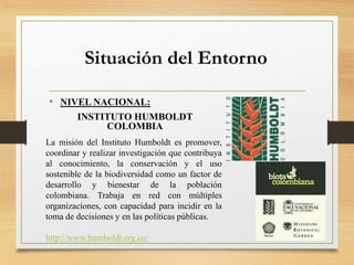 Situación del Entorno
• NIVEL NACIONAL:
INSTITUTO HUMBOLDT
COLOMBIA
La misión del Instituto Humboldt es promover,
coordinar y realizar investigación que contribuya
al conocimiento, la conservación y el uso
sostenible de la biodiversidad como un factor de
desarrollo y bienestar de la población
colombiana. Trabaja en red con múltiples
organizaciones, con capacidad para incidir en la
toma de decisiones y en las políticas públicas.
http://www.humboldt.org.co/
 
