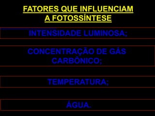FATORES QUE INFLUENCIAM
    A FOTOSSÍNTESE
 INTENSIDADE LUMINOSA;

CONCENTRAÇÃO DE GÁS
    CARBÔNICO;

     TEMPERATURA;

         ÁGUA.
 