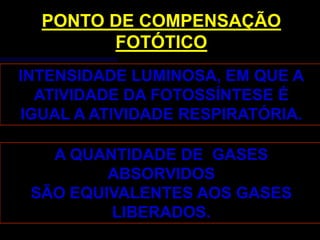 PONTO DE COMPENSAÇÃO
        FOTÓTICO
INTENSIDADE LUMINOSA, EM QUE A
  ATIVIDADE DA FOTOSSÍNTESE É
IGUAL A ATIVIDADE RESPIRATÓRIA.

   A QUANTIDADE DE GASES
         ABSORVIDOS
 SÃO EQUIVALENTES AOS GASES
         LIBERADOS.
 
