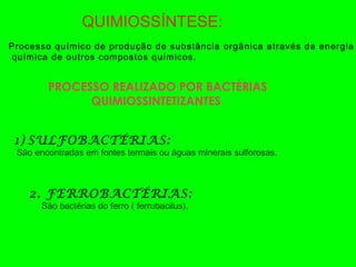 QUIMIOSSÍNTESE:
Processo químico de produção de substância orgânica através da energia
química de outros compostos químicos.
PROCESSO REALIZADO POR BACTÉRIAS
QUIMIOSSINTETIZANTES
1) SULFOBACTÉRIAS:
São encontradas em fontes termais ou águas minerais sulforosas.
2. FERROBACTÉRIAS:
São bactérias do ferro ( ferrubacilus).
 