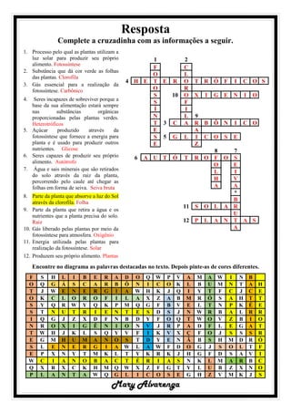 Resposta
Complete a cruzadinha com as informações a seguir.
1. Processo pelo qual as plantas utilizam a
luz solar para produzir seu próprio
alimento. Fotossíntese
2. Substância que dá cor verde as folhas
das plantas. Clorofila
3. Gás essencial para a realização da
fotossíntese. Carbônico
4. Seres incapazes de sobreviver porque a
base da sua alimentação estará sempre
nas substâncias orgânicas
proporcionadas pelas plantas verdes.
Heterotróficos
5. Açúcar produzido através da
fotossíntese que fornece a energia para
planta e é usado para produzir outros
nutrientes. Glicose
6. Seres capazes de produzir seu próprio
alimento. Autótrofo
7. Água e sais minerais que são retirados
do solo através da raiz da planta,
percorrendo pelo caule até chegar as
folhas em forma de seiva. Seiva bruta
8. Parte da planta que absorve a luz do Sol
através da clorofila. Folha
9. Parte da planta que retira a água e os
nutrientes que a planta precisa do solo.
Raiz
10. Gás liberado pelas plantas por meio da
fotossíntese para atmosfera. Oxigênio
11. Energia utilizada pelas plantas para
realização da fotossíntese. Solar
12. Produzem seu próprio alimento. Plantas
1 2
F C
O L
4 H E T E R O T R Ó F I C O S
O R
S 10 O X I G E N I O
S F
Í I
N L 9
T 3 C A R B Ô N I C O
E A
S 5 G L I C O S E
E Z
8 7
6 A U T Ó T R O F O S
O E
L I
H V
A A
*
B
11 S O L A R
U
12 P L A N T A S
A
Encontre no diagrama as palavras destacadas no texto. Depois pinte-as de cores diferentes.
F S H L I B E R A D O Q W P V A M A W I N B
O Q G Á S C A R B Ô N I C O K L B U M N T A H
T J W E N E R G I A W H K J Q I Y T F C J C E
O K C L O R O F I L A X Z A B M R Ó S A H T T
S Y Q R W Y Q K P M Q G F B V E L T N P K É E
S T N U T R I E N T E S D S J N W R B A L R R
I Q G J Z X D F N B D Y F O Q T W O V Z B I O
N R O X I G Ê N I O N V J R P A D F L E G A T
T W H J K L S Q Y V F I K V X Ç F O J S S S R
E G M H U M A N O S T D Y E N Ã B S H M D R Ó
S L E N E R G I A W L A W F D O G J S O L T F
E P X N Y T M K L T Y K R K J H G F D S A V I
W C I A N O B A C T É R I A S N K L M A R B C
Q X R X C K H M Q W X Z F G T Y L U B Z X N O
P L A N T A W Q G L I C O S E G H Z V M K J S
Mary Alvarenga
 
