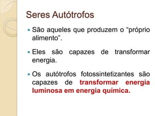 Seres Autótrofos
   São aqueles que produzem o “próprio
    alimento”.

   Eles são capazes de transformar
    energia.

   Os autótrofos fotossintetizantes são
    capazes de transformar energia
    luminosa em energia química.
 