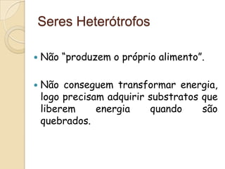 Seres Heterótrofos

   Não “produzem o próprio alimento”.

   Não conseguem transformar energia,
    logo precisam adquirir substratos que
    liberem     energia    quando     são
    quebrados.
 