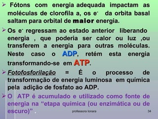  Fótons com energia adequada impactam as
  moléculas de clorofila a, os e- da orbita basal
  saltam para orbital de maior energia.
 Os e- regressam ao estado anterior liberando
  energia , que poderia ser calor ou luz ,ou
  transferem a energia para outras moléculas.
  Neste caso o ADP, retém esta energia
  transformando-se em ATP.
 Fotofosforilação    =       É        o   processo de
  transformação de energia luminosa em química
  pela adição de fosfato ao ADP.
 O ATP é acumulado e utilizado como fonte de
  energia na “etapa química (ou enzimática ou de
  escuro)” .             professora Ionara           34
 