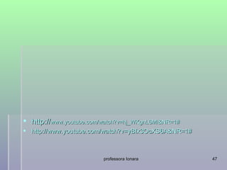  http://www.youtube.com/watch?v=hj_WKgnL6MI&NR=1#
 http://www.youtube.com/watch?v=yBfx3OcXS6A&NR=1#



                         professora Ionara           47
 