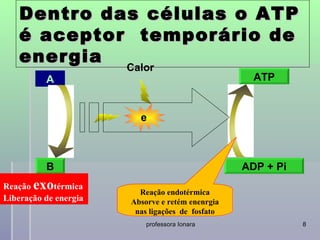 Dentro das células o ATP
    é aceptor temporário de
    energia Calor
          A                                         ATP


                         e



          B                                       ADP + Pi
Reação exo  térmica
                         Reação endotérmica
Liberação de energia   Absorve e retém enenrgia
                        nas ligações de fosfato
                           professora Ionara                 8
 