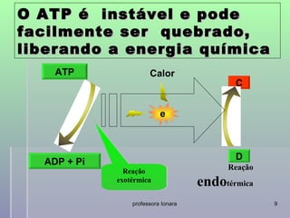 O ATP é instável e pode
facilmente ser quebrado,
liberando a energia química
    ATP                Calor
                                            C


                           e



                                            D
  ADP + Pi
               Reação
                                           Reação
             exotérmica
                                     endotérmica
                 professora Ionara                  9
 