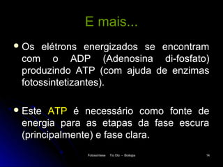 E mais...
 Os  elétrons energizados se encontram
 com o ADP (Adenosina di-fosfato)
 produzindo ATP (com ajuda de enzimas
 fotossintetizantes).

 Este  ATP é necessário como fonte de
 energia para as etapas da fase escura
 (principalmente) e fase clara.
              Fotossíntese   Tio Oto - Biologia   14
 