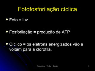 Fotofosforilação cíclica
 Foto   = luz

 Fosforilação   = produção de ATP

 Cíclico
        = os elétrons energizados vão e
 voltam para a clorofila.


                  Fotossíntese   Tio Oto - Biologia   15
 