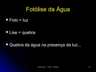 Fotólise da Água
 Foto   = luz

 Lise   = quebra

 Quebra    da água na presença da luz...



                    Fotossíntese   Tio Oto - Biologia   26
 