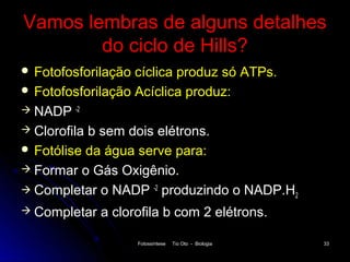 Vamos lembras de alguns detalhes
        do ciclo de Hills?
 Fotofosforilação cíclica produz só ATPs.
 Fotofosforilação Acíclica produz:
 NADP -2
 Clorofila b sem dois elétrons.
 Fotólise da água serve para:
 Formar o Gás Oxigênio.

 Completar o NADP -2 produzindo o NADP.H2

 Completar   a clorofila b com 2 elétrons.

                     Fotossíntese   Tio Oto - Biologia   33
 