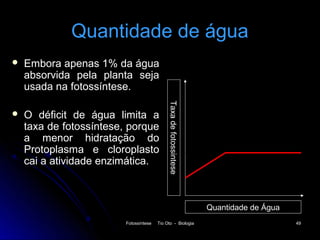 Quantidade de água
   Embora apenas 1% da água
    absorvida pela planta seja
    usada na fotossíntese.




                                             Taxa de fotossintese
   O déficit de água limita a
    taxa de fotossíntese, porque
    a menor hidratação do
    Protoplasma e cloroplasto
    cai a atividade enzimática.



                                                                    Quantidade de Água
                         Fotossíntese   Tio Oto - Biologia                               49
 