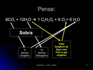 Pense:
6CO2 + 12H2O  1 C6H12O6 + 6 O2 + 6 H2O


       Sobra

                                                   Todo
                                                Oxigênio da
          6           12                         Água vem
       átomos      átomos                       Para o gás
       Oxigênio   Hidrogênio                     oxigênio



                  Fotossíntese   Tio Oto - Biologia           6
 