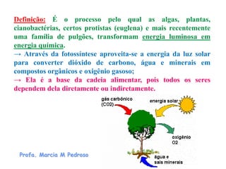 Definição: É o processo pelo qual as algas, plantas,
cianobactérias, certos protistas (euglena) e mais recentemente
uma família de pulgões, transformam energia luminosa em
energia química.
→ Através da fotossíntese aproveita-se a energia da luz solar
para converter dióxido de carbono, água e minerais em
compostos orgânicos e oxigênio gasoso;
→ Ela é a base da cadeia alimentar, pois todos os seres
dependem dela diretamente ou indiretamente.




 Profa. Marcia M Pedroso
 