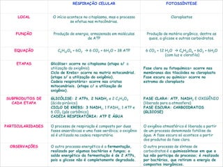 RESPIRAÇÃO CELULAR                                   FOTOSSÍNTESE


     LOCAL          O início acontece no citoplasma, mas o processo                   Cloroplastos
                               se efetua nas mitocôndrias.


    FUNÇÃO          Produção de energia, armazenada em moléculas        Produção de matéria orgânica, dentre as
                                       de ATP                            quais, a glicose e outros carboidratos.


    EQUAÇÃO           C6H12O6 + 6O2  6 CO2 + 6H2O + 38 ATP             6 CO2 + 12 H2O  C6H12O6 + 6O2 + 6H2O
                                                                                   (com luz e clorofila)

    ETAPAS         Glicólise= ocorre no citoplasma (etapa s/ a
                   utilização do oxigênio).                            Fase clara ou fotoquímica= ocorre nas
                   Ciclo de Krebs= ocorre na matriz mitocondrial.      membranas dos tilacóides no cloroplasto
                   (etapa s/ a utilização do oxigênio).                Fase escura ou química= ocorre no
                   Cadeia respiratória= ocorre nas cristas             estroma do cloroplasto
                   mitocondriais. (etapa c/ a utilização do
                   oxigênio).

SUBPRODUTOS DE     GLICÓLISE: 2 ATPs, 2 NADH2 e 2 C3H4O3               FASE CLARA: ATP, NADH2 E OXIGÊNIO
  CADA ETAPA       (ácido pirúvico).                                   (liberado para a atmosfera)
                   CICLO DE KREBS: 3 NADH2, 1 FADH2, 1 ATP e           FASE ESCURA: CARBOIDRATOS
                   6 CO2 (gás carbônico)                               (GLICOSE)
                   CADEIA RESPIRATÓRIA: ATP E ÁGUA

PARTICULARIDADES   O processo de respiração é composto por duas        O oxigênio atmosférico é liberado a partir
                   fases anaeróbicas e uma fase aeróbica; o oxigênio   de um processo denominado fotólise da
                   só é utilizado na cadeia respiratória.              água. A fase escura só acontece a partir
                                                                       dos produtos da fase clara.
  OBSERVAÇÕES      O outro processo energético é a fermentação,        O outro processo de síntese de
                   realizado por algumas bactérias e fungos; o         carboidratos é a quimiossíntese em que a
                   saldo energético da fermentação é de 2 ATPs,        luz não participa do processo; é realizado
                   pois a glicose não é completamente degradada.       por bactérias, que retiram a energia de
                                                                       compostos inorgânicos.
 