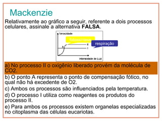 Mackenzie
Relativamente ao gráfico a seguir, referente a dois processos
celulares, assinale a alternativa FALSA.

                          fotossíntese
                                         respiração




a) No processo II o oxigênio liberado provém da molécula de
CO2.
b) O ponto A representa o ponto de compensação fótico, no
qual não há excedente de O2.
c) Ambos os processos são influenciados pela temperatura.
d) O processo I utiliza como reagentes os produtos do
processo II.
e) Para ambos os processos existem organelas especializadas
no citoplasma das células eucariotas.
 