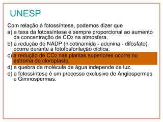UNESP
Com relação à fotossíntese, podemos dizer que
a) a taxa da fotossíntese é sempre proporcional ao aumento
   da concentração de CO2 na atmosfera.
b) a redução do NADP (nicotinamida - adenina - difosfato)
   ocorre durante a fotofosforilação cíclica.
c) a redução de CO2 nas plantas superiores ocorre no
   estroma do cloroplasto.
d) a quebra da molécula de água independe da luz.
e) a fotossíntese é um processo exclusivo de Angiospermas
   e Gimnospermas.
 