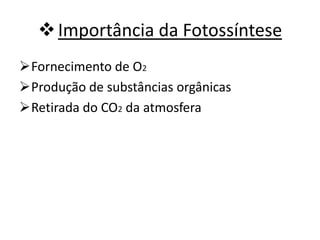 Importância da Fotossíntese
Fornecimento de O2
Produção de substâncias orgânicas
Retirada do CO2 da atmosfera
 