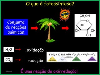 O que é fotossíntese?

Conjunto
de reações
químicas

H2O

oxidação

CO2

redução

19:52:46

É uma reação de oxirredução!

 