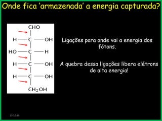 Onde fica „armazenada‟ a energia capturada?

Ligações para onde vai a energia dos
fótons.
A quebra dessa ligações libera elétrons
de alta energia!

19:52:46

 